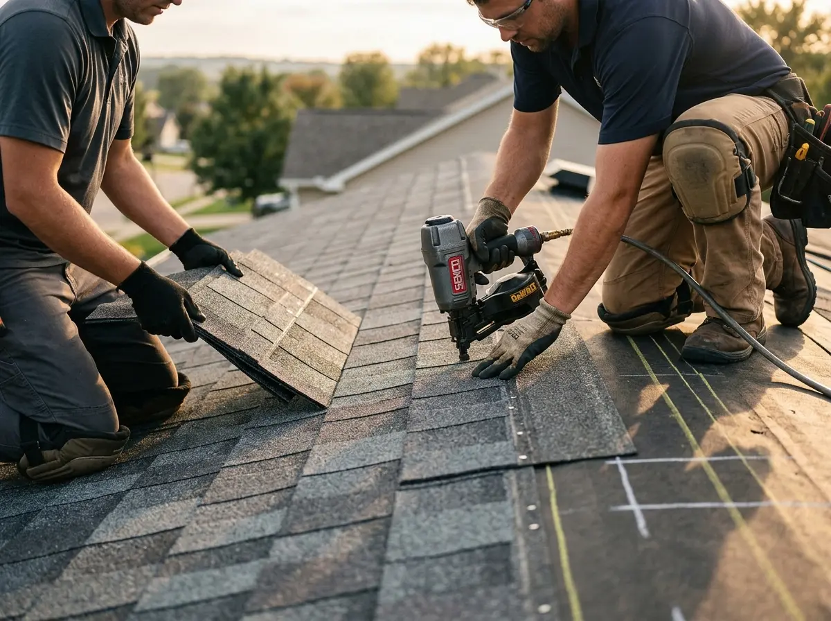 Professional roofer working on a residential roof in Crescent City